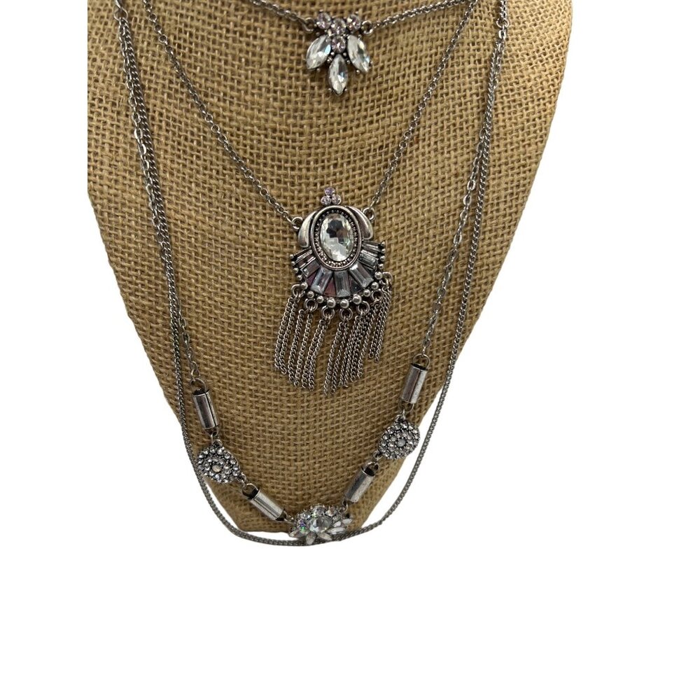 Multi Layer Silver Tone Necklace Clear Crystal Accents Lobster Clasp Adjustable